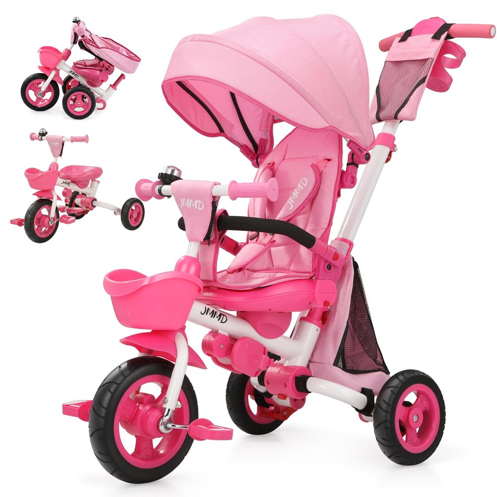 JMMD 8 in 1 Tricycle Stroller with Push Handle, Foldable Trike with 360 Swivel Seat, Reclining Backrest, All-Terrain Wheels, Dual Brakes, Canopy & Storage, Gift for Kids 18 Months to 5 Years, Pink