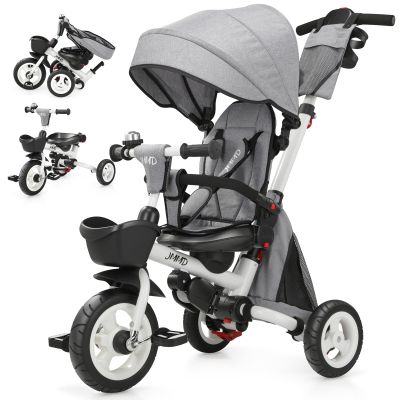 JMMD 8 in 1 Tricycle Stroller with Push Handle, Foldable Trike with 360 Swivel Seat, Reclining Backrest, All-Terrain Wheels, Dual Brakes, Canopy & Storage, Gift for Kids 18 Months to 5 Years, Gray