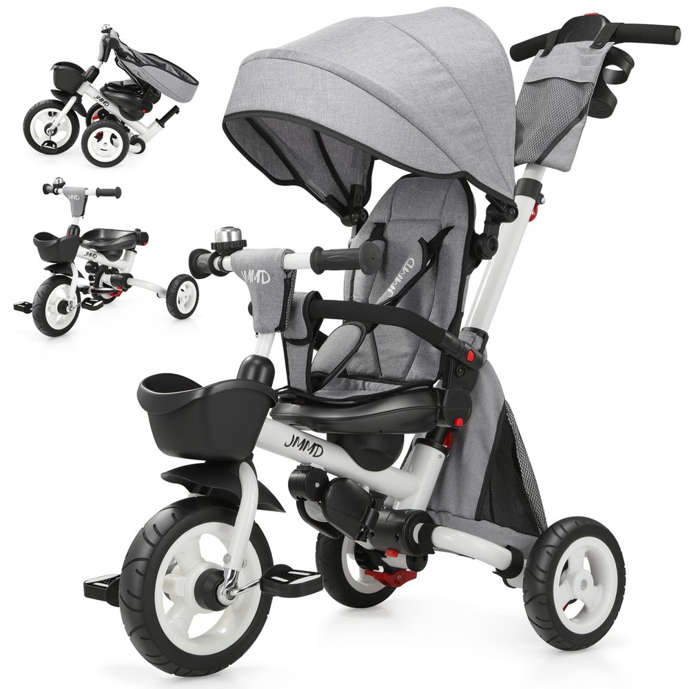JMMD 8 in 1 Tricycle Stroller with Push Handle, Foldable Trike with 360 Swivel Seat, Reclining Backrest, All-Terrain Wheels, Dual Brakes, Canopy & Storage, Gift for Kids 18 Months to 5 Years, Gray