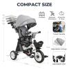 JMMD 8 in 1 Tricycle Stroller with Push Handle, Foldable Trike with 360 Swivel Seat, Reclining Backrest, All-Terrain Wheels, Dual Brakes, Canopy & Storage, Gift for Kids 18 Months to 5 Years, Gray view 3