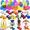 [1 Gold Egg] 24 Pack Prefilled Easter Egg Filled with Transform Car Robot Toys, 24 Eggs + 24 Car Robot Toys for Kids, Easter Basket Stuffers Classroom Exchange for Boys 24 Vehicle Party Favor Egg Hunt view 1