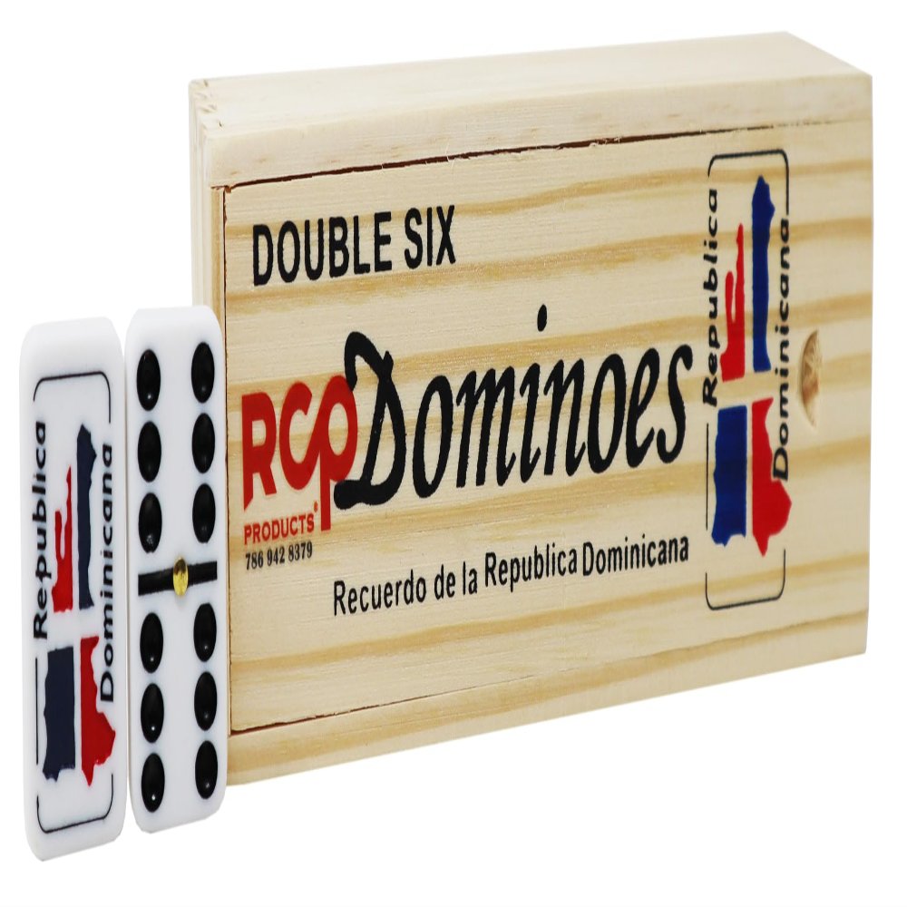 RCP PRODUCTS Dominoes Double 6 Tiles in Wooden Box.Dominican Republic Country Flag Engraved Dominoes