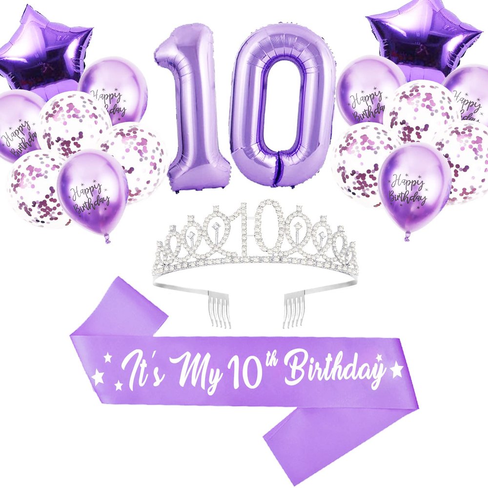 10th Birthday Decorations for Girls, Lavender Glitter Birthday sash, Silver 10th Bday Crown, Lavender No.10 and Star Aluminum Foil Balloon, Happy Bday Latex Balloons