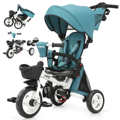 JMMD 8 in 1 Tricycle Stroller with Push Handle, Foldable Trike with 360 Swivel Seat, Reclining Backrest, All-Terrain Wheels, Dual Brakes, Canopy & Storage, Gift for Kids 18 Months to 5 Years, Green