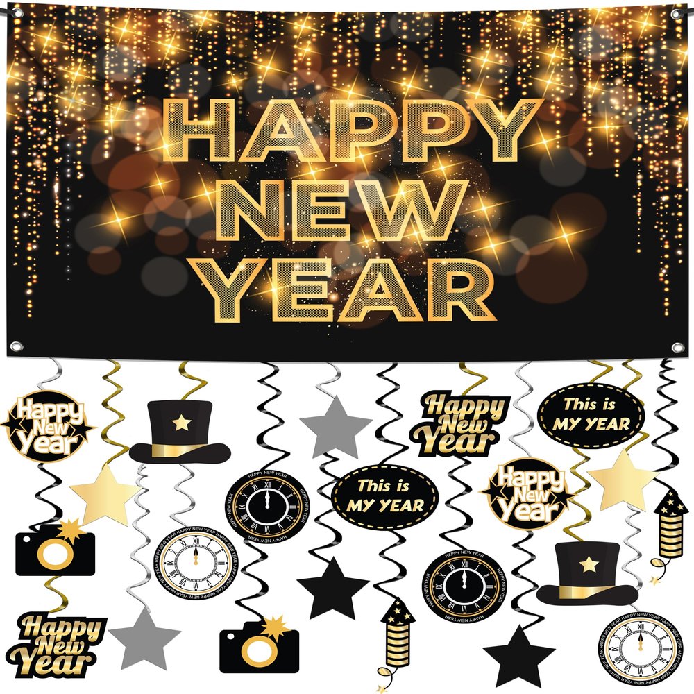 KatchOn, XtraLarge Happy New Year Banner - Pack of 30 | Happy New Year Hanging Swirls, Happy New Year 2024 | 2024 New Years Eve Party Supplies | New Years Hanging Decor for New Years Eve Decor 2024