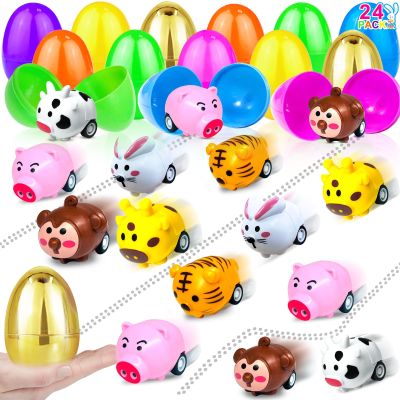 [1 Golden Egg]24Pack Prefilled Easter Eggs with Animals Pull Back Cars Toys Bunny Vehicle Plastic Surprise Eggs Kids Boys Girls Toddlers Easter Basket Stuffers Fillers Easter Eggs Hunt Party Favor