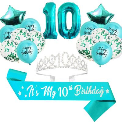 10th Birthday Decorations for Girls - Teal Glitter Double Digits Sash & Crown, Teal Number 10 & Star Foil Balloons, Happy Birthday Latex Balloons for 10 Year Old Girl Party Decorations