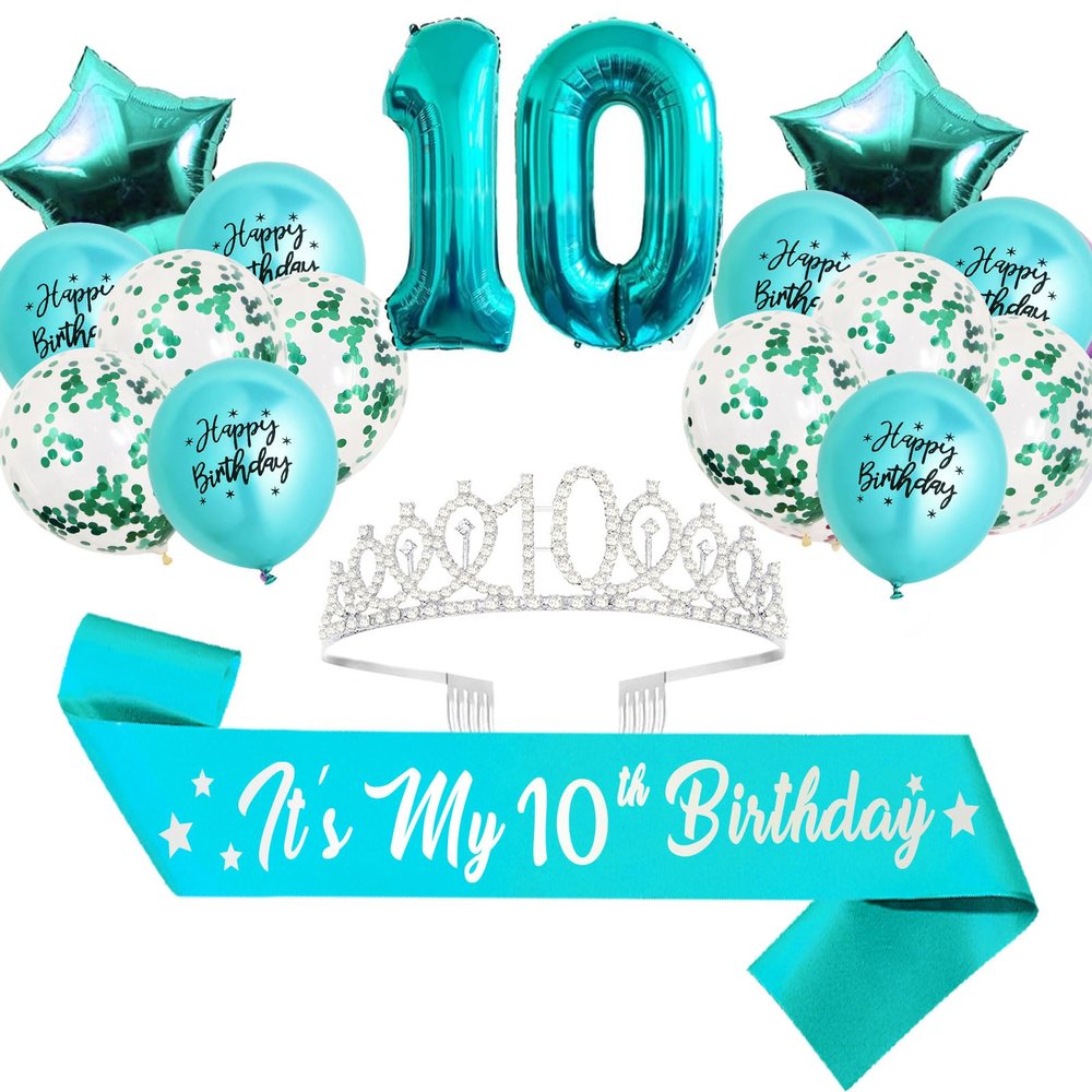 10th Birthday Decorations for Girls - Teal Glitter Double Digits Sash & Crown, Teal Number 10 & Star Foil Balloons, Happy Birthday Latex Balloons for 10 Year Old Girl Party Decorations