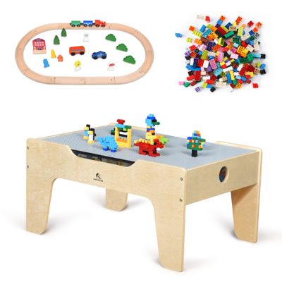 KRAND Kid's All-in-One Activity Play Table with 290 Building Bricks and 30-Piece Wooden Train Set Railway,Cars,Track and Accessories for Toddlers Boys and Girls Children's Toy Playset Game Desk