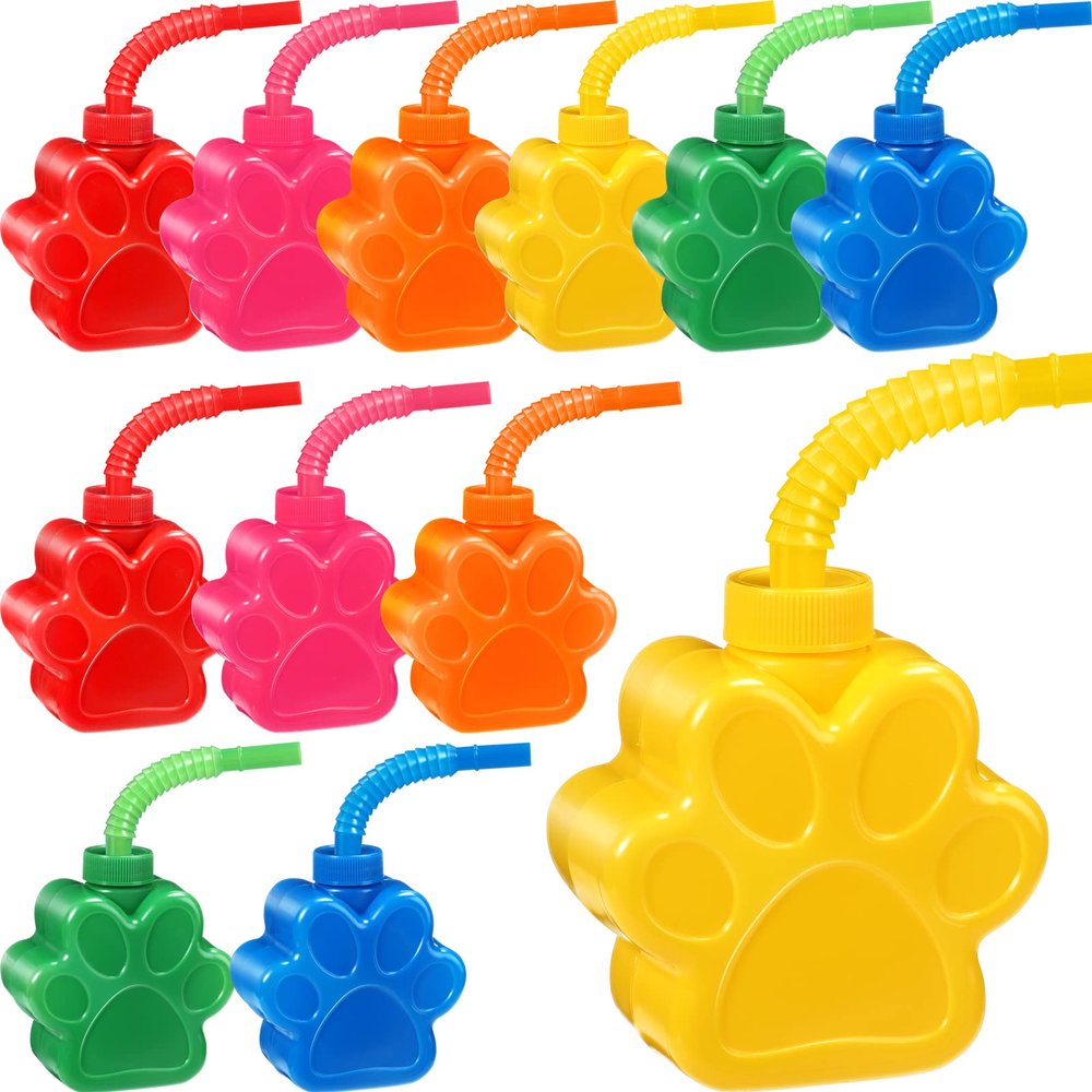 Sratte 12 Pieces 10 oz Dog Paw Cups for Kids with Straw and Lid Dog Birthday Party Supplies Decorations, Plastic Paw Print Puppy Drinking Cup Bulk for Puppy Theme Party Favors