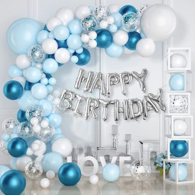 101PCS Blue and White Birthday Party Decorations for Men Baby Boys Kids,3D Foil Happy Birthday Banner Balloons+White Blue Confetti Metallic Balloons Garland Arch Kit+Pump+Complete Accessories