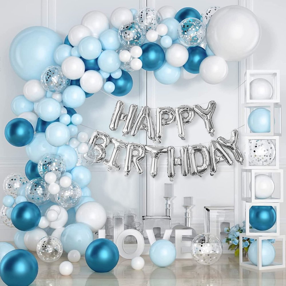 101PCS Blue and White Birthday Party Decorations for Men Baby Boys Kids,3D Foil Happy Birthday Banner Balloons+White Blue Confetti Metallic Balloons Garland Arch Kit+Pump+Complete Accessories