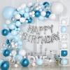 101PCS Blue and White Birthday Party Decorations for Men Baby Boys Kids,3D Foil Happy Birthday Banner Balloons+White Blue Confetti Metallic Balloons Garland Arch Kit+Pump+Complete Accessories view 1