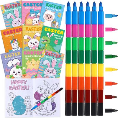 24 Pcs Easter Coloring Books with 24 Stacking Crayons for Kids Party Favors Easter Holiday Activity Books Rainbow Crayons Easter Egg Basket Stuffer Party Supplies for Kids School Classroom Activity