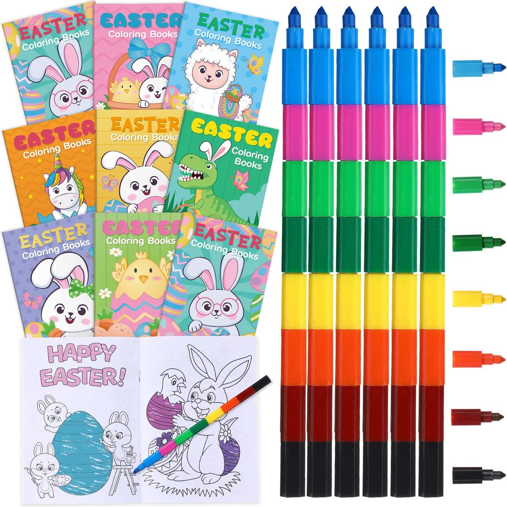 24 Pcs Easter Coloring Books with 24 Stacking Crayons for Kids Party Favors Easter Holiday Activity Books Rainbow Crayons Easter Egg Basket Stuffer Party Supplies for Kids School Classroom Activity