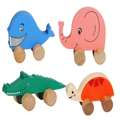 TOWO Wooden Cars for Toddlers - Animals on Wheels - Vehicles Sensory Grasping Motor Skill Toy Push and Go First Trucks for Baby 12 Months 1 Year Old