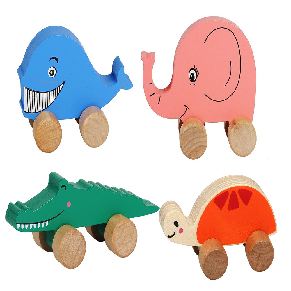 TOWO Wooden Cars for Toddlers - Animals on Wheels - Vehicles Sensory Grasping Motor Skill Toy Push and Go First Trucks for Baby 12 Months 1 Year Old