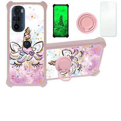 Case for Moto Edge 2022 Case Compatible with Motorola Moto Edge 2022 Phone Case Cover [with Tempered Glass Screen Protector][Hard PC + Soft Silicone][Ring Support] [Gold Glitter+Luminous] JSF-JJS