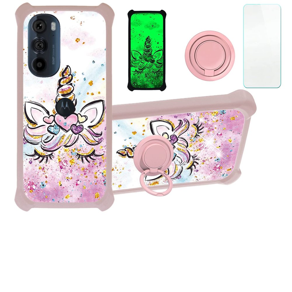 Case for Moto Edge 2022 Case Compatible with Motorola Moto Edge 2022 Phone Case Cover [with Tempered Glass Screen Protector][Hard PC + Soft Silicone][Ring Support] [Gold Glitter+Luminous] JSF-JJS