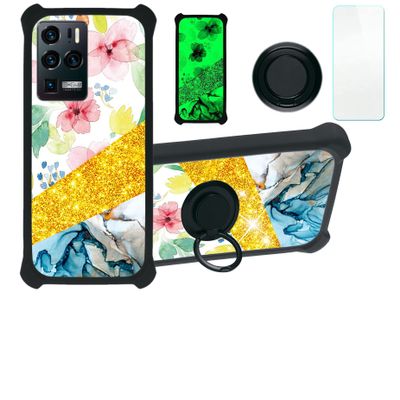 Case for Zte Axon 30 Ultra 5G Case Compatible with Zte Axon 30 Ultra 5G Phone Case Cover [with Tempered Glass Screen Protector][Hard PC + Soft Silicone][Ring Support] [Gold Glitter+Luminous] JSH-SHS