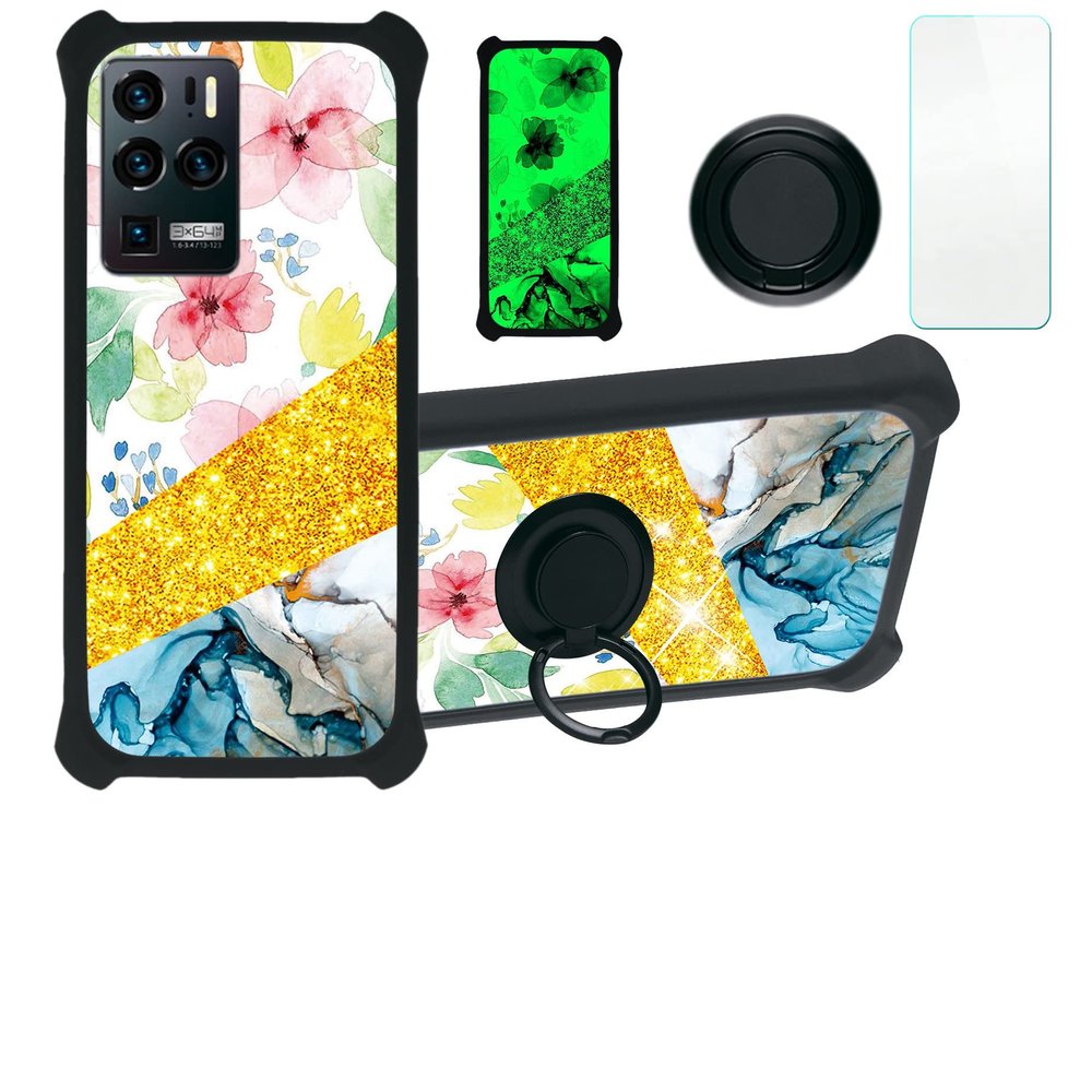 Case for Zte Axon 30 Ultra 5G Case Compatible with Zte Axon 30 Ultra 5G Phone Case Cover [with Tempered Glass Screen Protector][Hard PC + Soft Silicone][Ring Support] [Gold Glitter+Luminous] JSH-SHS