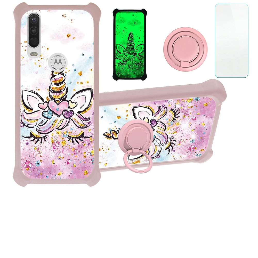 Case for Moto One Action Case Compatible with Motorola Moto One Action Phone Case Cover [with Tempered Glass Screen Protector][Hard PC + Soft Silicone][Ring Support] [Gold Glitter+Luminous] JSF-JJS