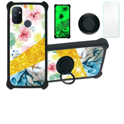 Case for Oneplus Nord N100 Case Compatible with Oneplus Nord N100 Phone Case Cover [with Tempered Glass Screen Protector][Hard PC + Soft Silicone][Ring Support] [Gold Glitter+Luminous] JSH-SHS