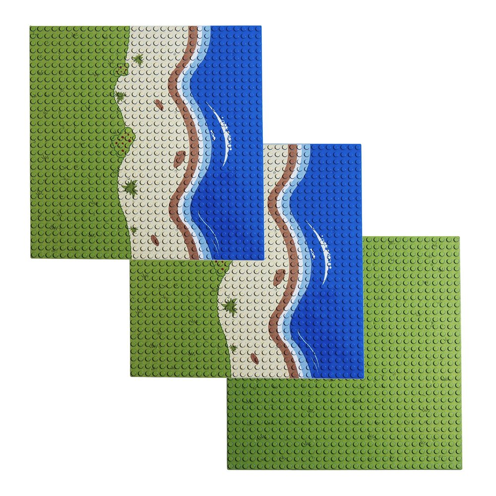 Apostrophe Games Island Building Block Base Plates Compatible with All Major Brands - 3 Pack Beach - 2 Straight & 1 Center Grass add-on to Expand Your Island - 10-1/16" x 10-1/16"Inches