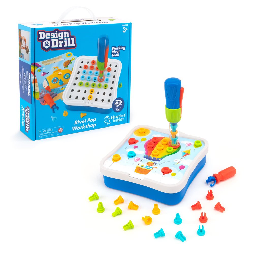 Educational Insights Design & Drill Rivet Pop Workshop, 54 Pieces with Electric Toy Drill, STEM Toy, Gift for Kids Ages 3+