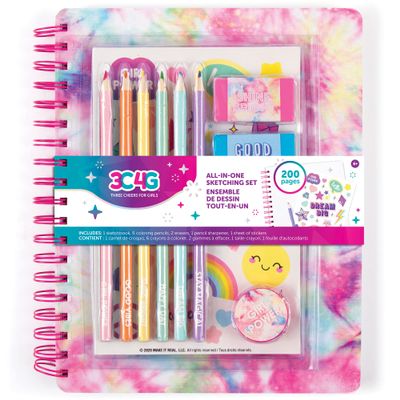 3C4G Tie Dye Pastel All-in-1 Sketchbook Set - Sketch Book for Kids with Pencils, Stickers & More - Drawing Kit for Kids - Unlined Diary for Girls - Kids Sketch Pad by Make It Real