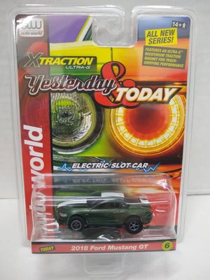 Auto World SC384-6B Yesterday & Today 2018 Mustang GT HO Scale Electric Slot Car - Dark Green