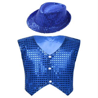 Kvysinly Boys Girls Sequins Vest Waistcoat Top Jacket with Hat Hip Hop Jazz Modern DanceChoir Party Performance Costume Blue 7-8 Years