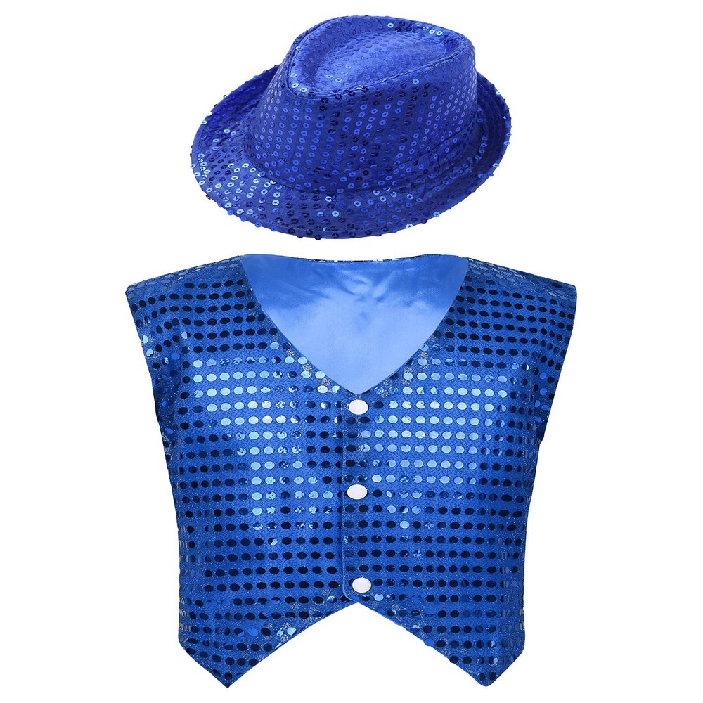 Kvysinly Boys Girls Sequins Vest Waistcoat Top Jacket with Hat Hip Hop Jazz Modern DanceChoir Party Performance Costume Blue 7-8 Years