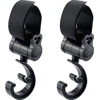 2 Pack Stroller Hooks 360 Degree Rotatable Baby Stroller Hanging Clips Hook for Mommy Stroller Multipurpose Hooks Stroller Clip Straps for Hanging Diaper Bags Grocery Shopping Bags (Black)