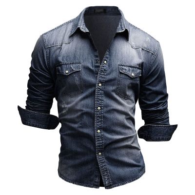 Maiyifu-GJ Men's Long Sleeve Denim Shirt Casual Button-Down Western Regular Fit Shirts Slim Fit Washed Jean Shirt (Dark Blue,Medium)