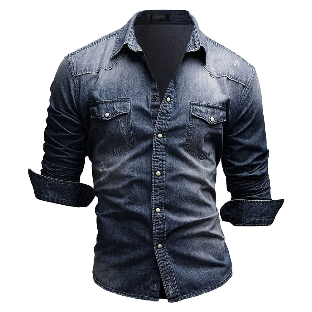 Maiyifu-GJ Men's Long Sleeve Denim Shirt Casual Button-Down Western Regular Fit Shirts Slim Fit Washed Jean Shirt (Dark Blue,Medium)