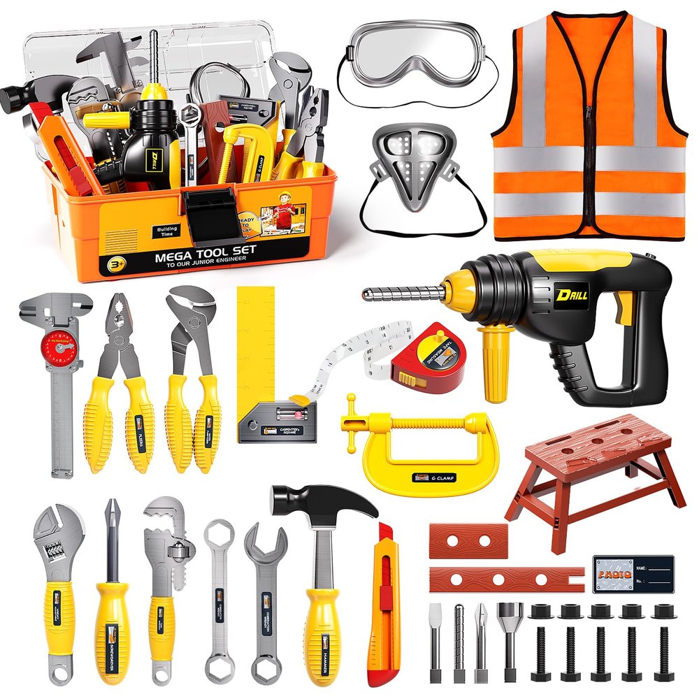 Deejoy Kids Tool Set with Electronic Toy Drill & Construction Vest - Pretend Play Toys for 3 4 5 6 Year Old Boys, ABS Plastic Repair Toolkit with Large Storage Box(Orange)