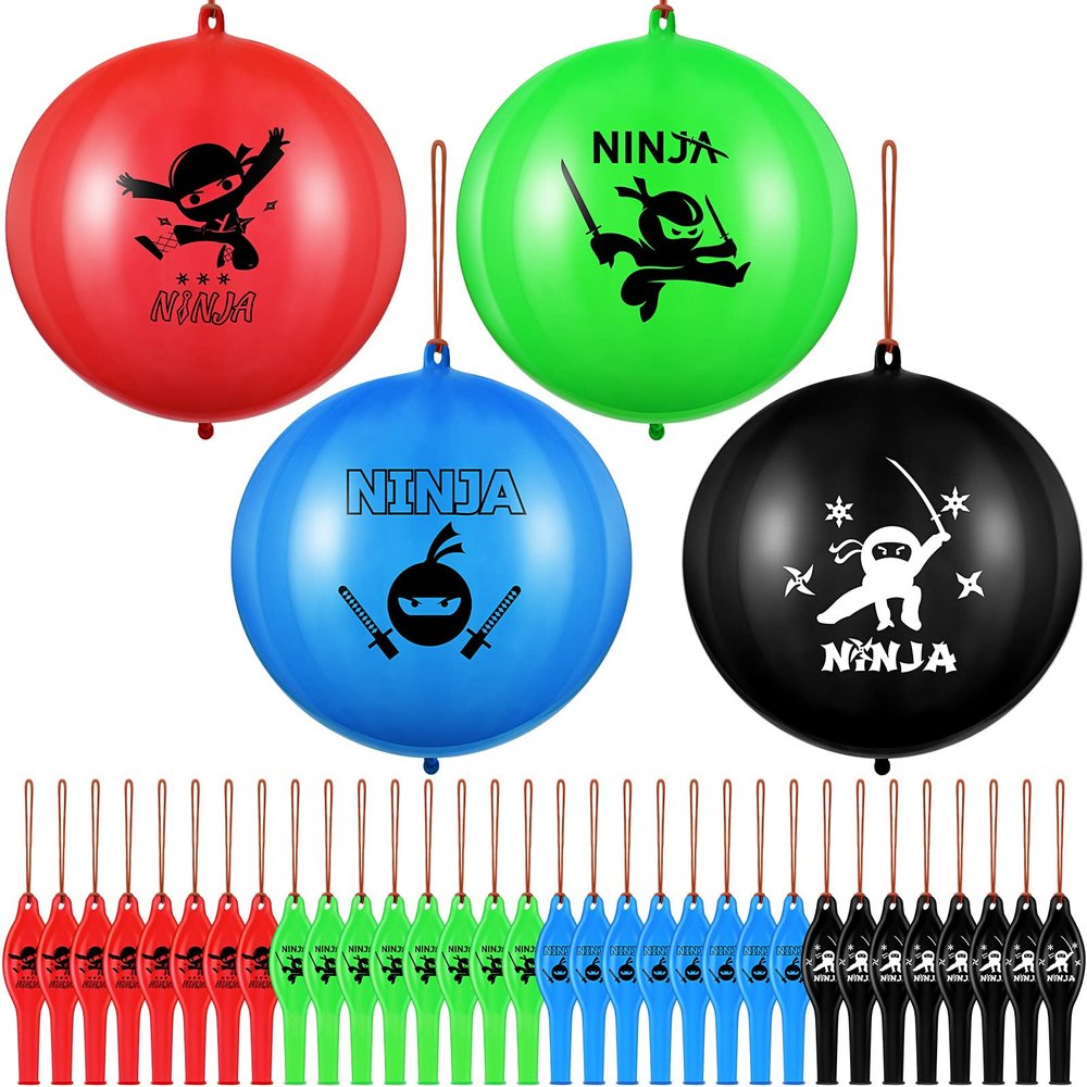 32 Pcs Ninja Birthday Party Decorations Ninja Party Supplies Punch Balloons Games Heavy Duty Latex Bounce Balloons with Rubber Band Handle for Kids Goodie Bag Fillers