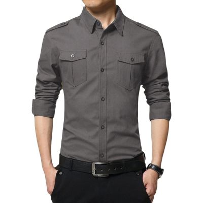 Men's Long Sleeve Button Down Shirts Turn-Down Collar Slim Fit Shirt Stylish Business Tactical Shirts with Pockets (Grey,Medium)