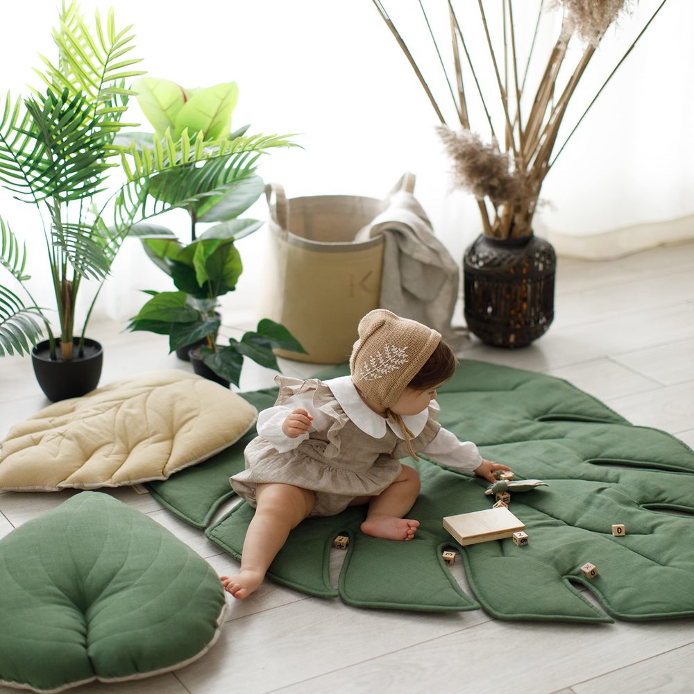 100% Linen Organic Play Mat Leaf Baby Padded Rug Monstera Tropic Nursery Floor Toddler Kids Playmat for Crawling Rug Activity Playing Gym Cushioned Quilted Baby Mat Natural (Green Mat)