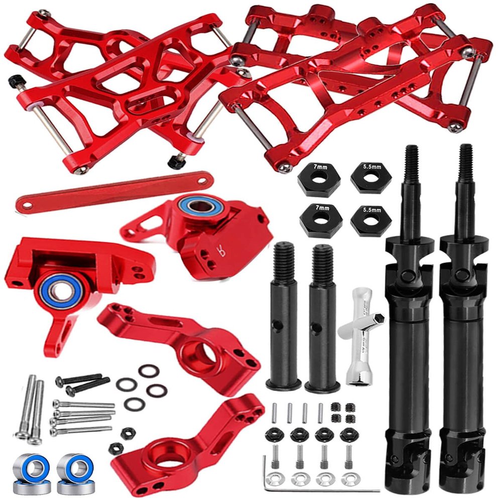 hopsupRC RC Stainless Steel Drive Shaft CVD Axles Upgrades Part for 1/10 Rustler/Stampede VXL 2WD,Alloy Suspension A Arm,Aluminum Caster Block & Steering Blocks & Rear Stub Axle Carriers,Red