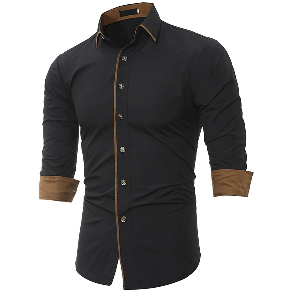 Men's Business Long Sleeve Dress Shirt Stylish Slim Fit Button Up Shirts Solid Lightweight Turn-Down Collar Shirt (Black,3X-Large)