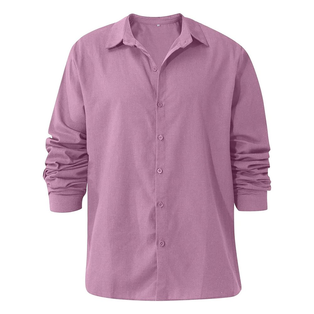 Men's Linen Button Down Shirts Casual Long Sleeve Summer Beach Shirt Tops Lightweight Solid Color Loose Fit Shirt (Pink,4X-Large)