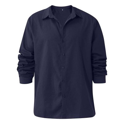 Men's Linen Button Down Shirts Casual Long Sleeve Summer Beach Shirt Tops Lightweight Solid Color Loose Fit Shirt (Dark Blue,5X-Large)