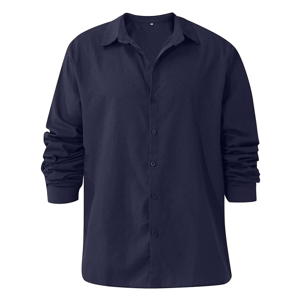 Men's Linen Button Down Shirts Casual Long Sleeve Summer Beach Shirt Tops Lightweight Solid Color Loose Fit Shirt (Dark Blue,5X-Large)
