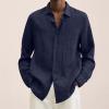 Men's Linen Button Down Shirts Casual Long Sleeve Summer Beach Shirt Tops Lightweight Solid Color Loose Fit Shirt (Dark Blue,5X-Large) view 2