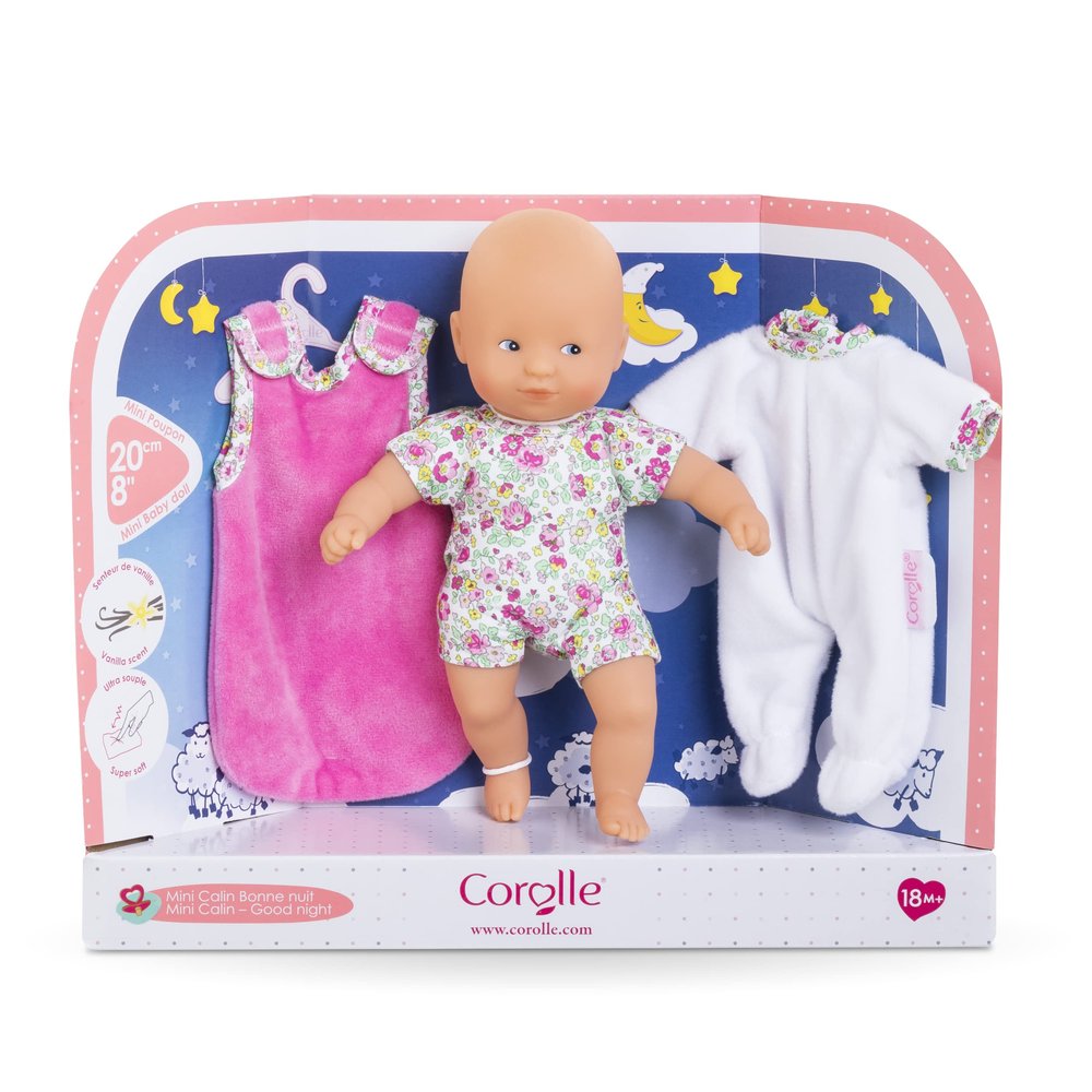 Corolle Mini Calin Good Night Blossom Garden - 8" Soft Boy Baby Doll with Vanilla Scent, White and Pink Pajamas, Sleeping Bag & Sleeping Eyes for Girls Ages 18 Months+, Cute Reborn Realistic