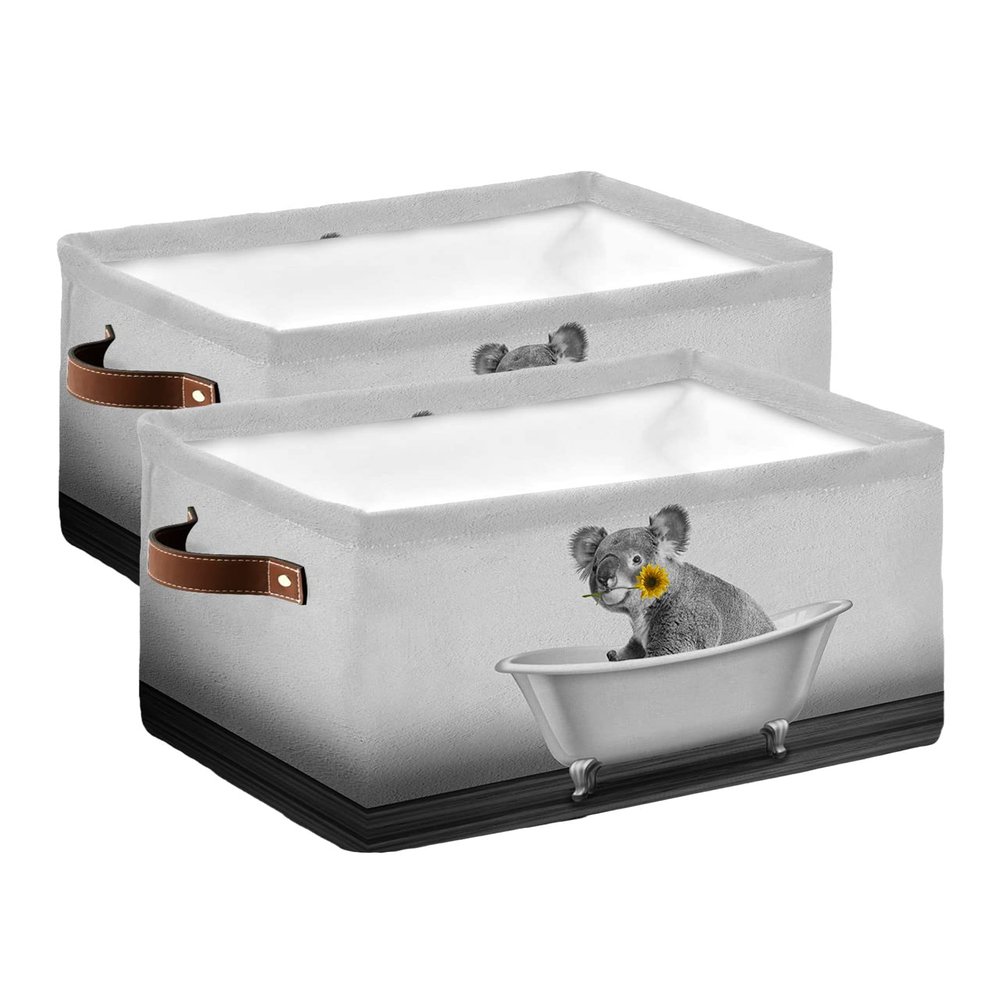 2 Pack Large Storage Baskets Bins Bathtub Koala with Sunflower Collapsible Storage Box Laundry Organizer for Closet Shelf Nursery Kids Bedroom Funny Animals Black Grey
