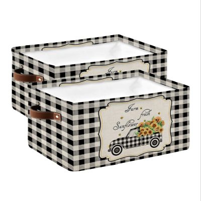 2 Pack Large Storage Baskets Bins Sunflower Collapsible Storage Box Laundry Organizer for Closet Shelf Nursery Kids Bedroom Black and White Plaid Truck Summer Bee