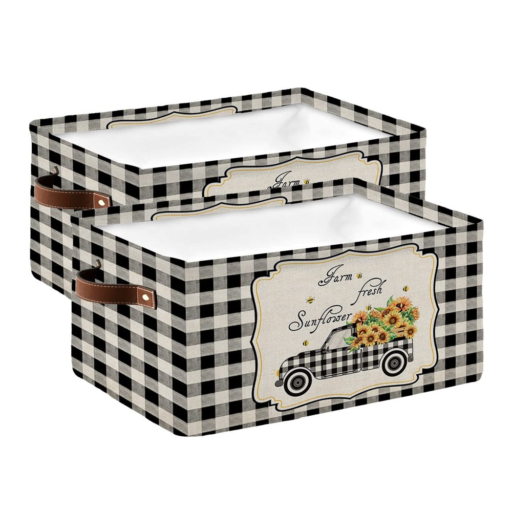 2 Pack Large Storage Baskets Bins Sunflower Collapsible Storage Box Laundry Organizer for Closet Shelf Nursery Kids Bedroom Black and White Plaid Truck Summer Bee